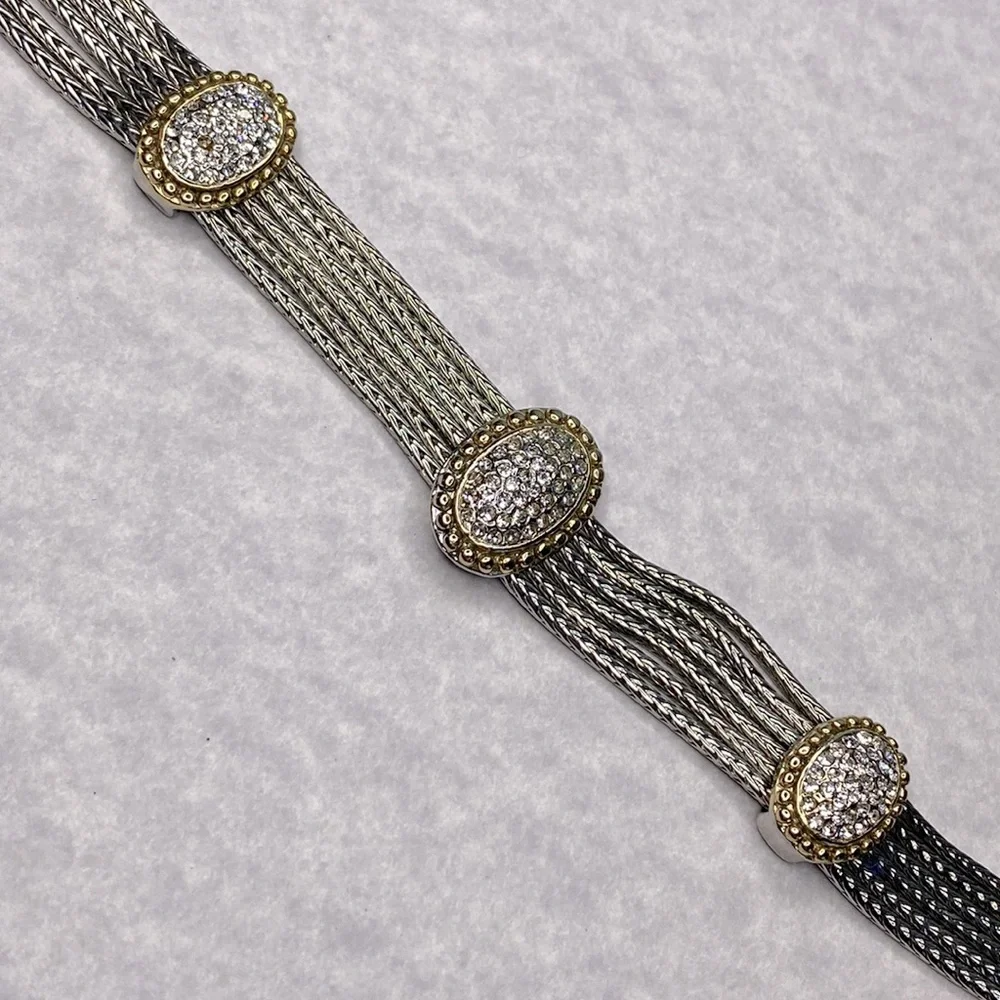 Two-tone 6 strand bracelet rhinestone magnetic clasp